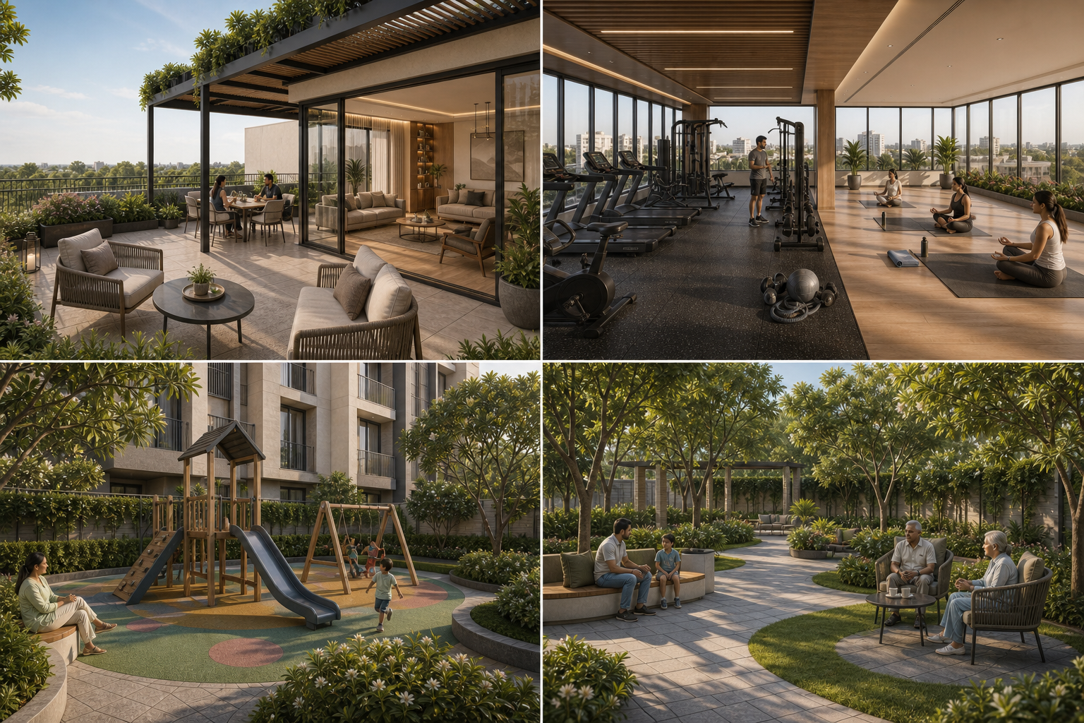 Conceptual views of the terrace clubhouse, rooftop gym and yoga studio, children’s play area and landscaped gardens