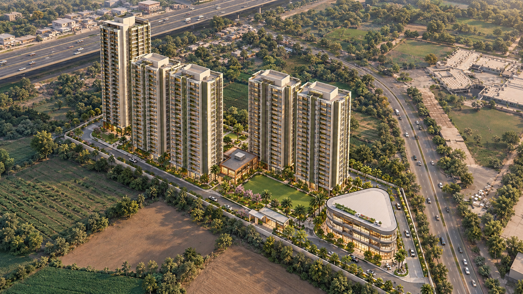 Architectural visualization of five residential towers, landscaped open space and the commercial edge at Pooth Khurd